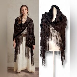 Vintage MULIN Silk Burnout Velvet Floral Fringe Piano Shawl Wrap Brown Boho